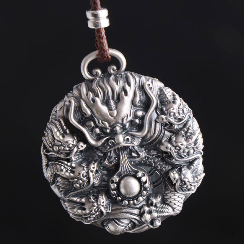 Mythstone 999 Sterling Silver Nine Dragons Playing With A Pearl Luck Protection Necklace Pendant