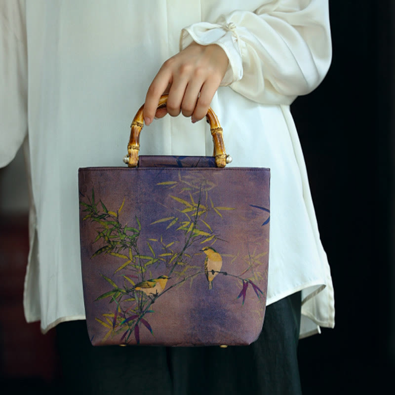 Mythstone Purple Magpie Birds Branches Bamboo Handles Handbag