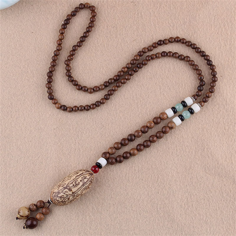 Mythstone Tibetan Wenge Wood Bodhi Seed Agate Elephant Protection Necklace Pendant