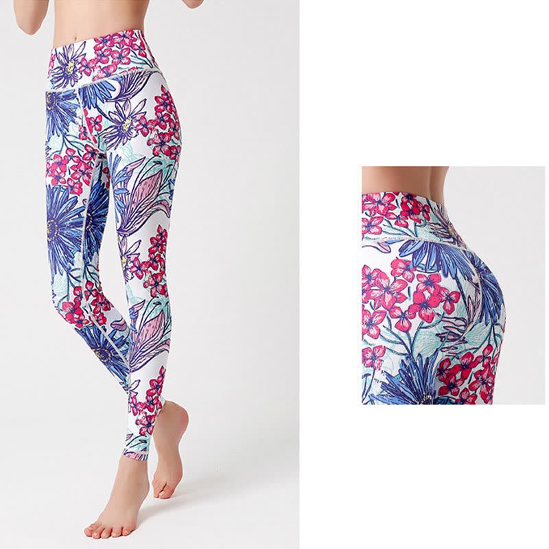 Mythstone Colorful Flower Petal Leaves Print Sports Exercise Fitness High Waist Leggings Women's Yoga Pants