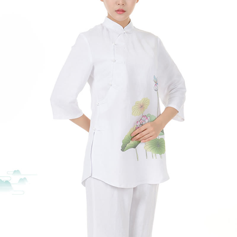 Mythstone 2Pcs White Lotus Flower Leaf Half Sleeve Shirt Top Pants Meditation Zen Tai Chi Linen Clothing Women's Set