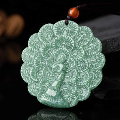 Mythstone Natural Jade Peacock Luck Prosperity Necklace Pendant