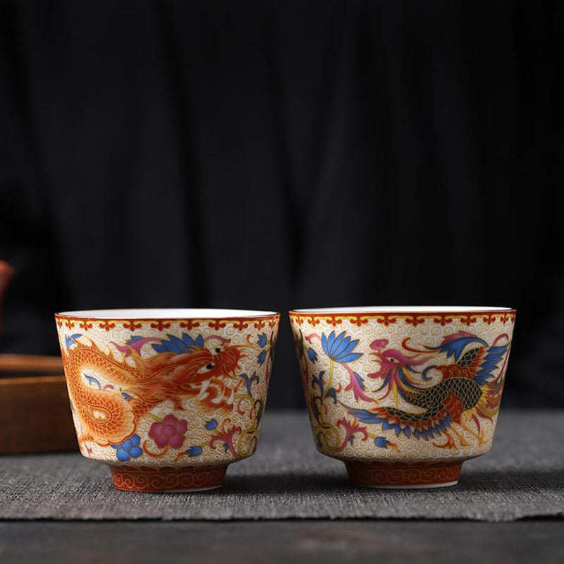 Mythstone 2Pcs Dragon Phoenix Ceramic Teacup Kung Fu Tea Cups