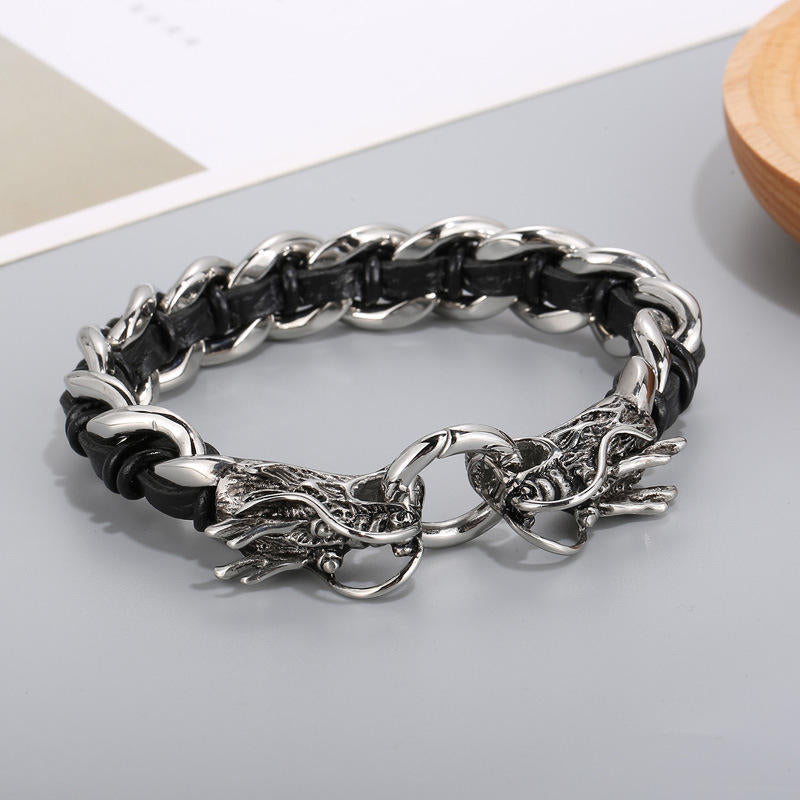 Mythstone Dragon Leather Titanium Steel Protection Luck Braided Bracelet