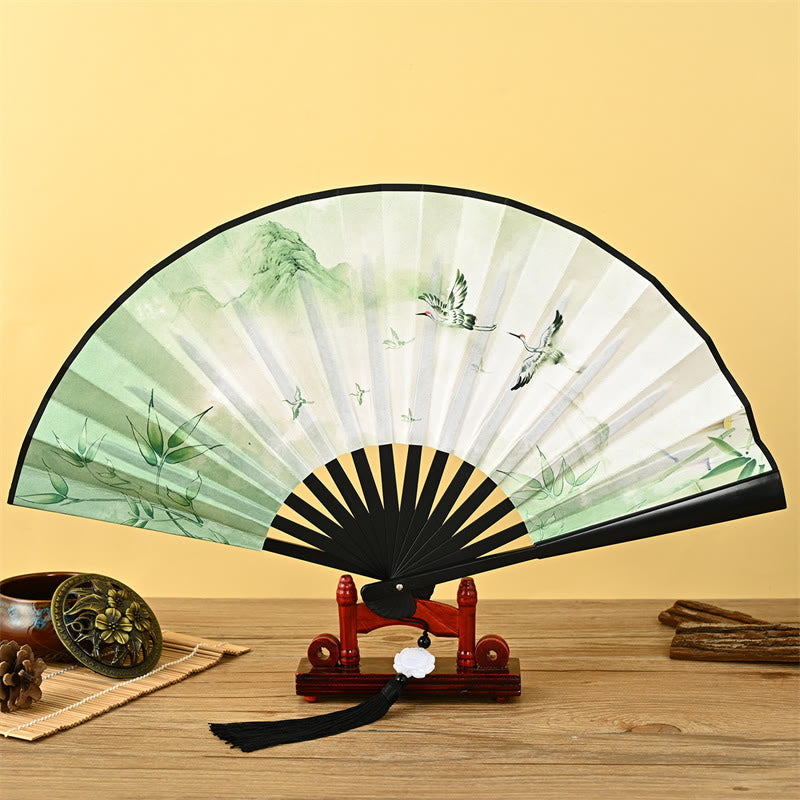 Mythstone Vintage Phoenix Nine-Tailed Fox Flower Bamboo Tiger Handheld Folding Fan Lotus Tassel Fan