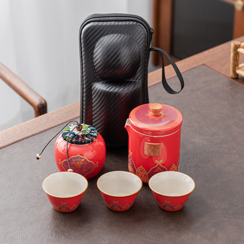 Mythstone Flower Chinese Gongfu Ceramic Teapot Portable Outdoor Travel Tea Set Bag