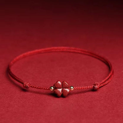 Mythstone Natural Cinnabar Four Leaf Clover Blessing Red String Bracelet Anklet