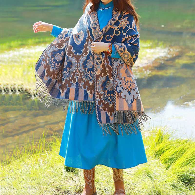 Mythstone Tibetan Flowers Leaves Branch Design Tassel Shawl Cozy Travel Scarf Wrap