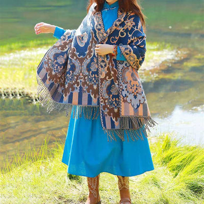 Mythstone Tibetan Flowers Leaves Branch Design Tassel Shawl Cozy Travel Scarf Wrap