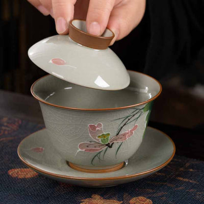 Mythstone Lotus Koi Fish Pod Leaf Ceramic Gaiwan Sancai Teacup Kung Fu Tea Cup And Saucer With Lid 140ml