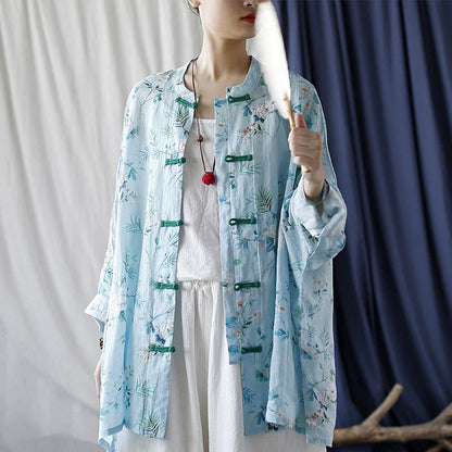 Mythstone Light Green Pink Flowers Green Leaves Frog-Button Long Sleeve Ramie Linen Jacket Shirt