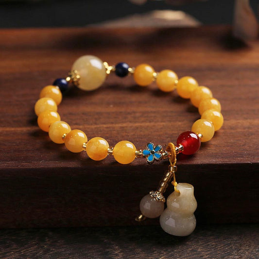 Pulsera de jade con amuleto de calabaza de seda dorada natural Mythstone para la suerte y la riqueza 