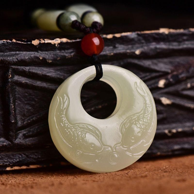 Mythstone White Jade Double Koi Fish Carved Prosperity Success Necklace Pendant