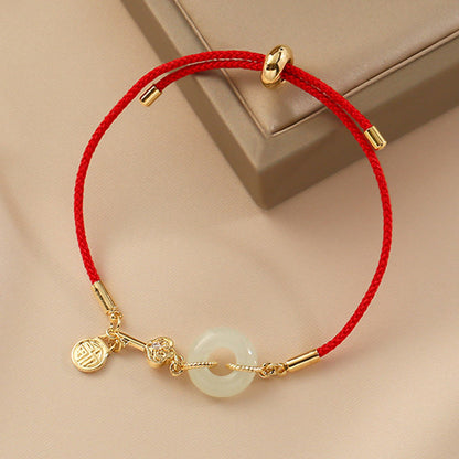 Mythstone 18K Gold Plated Hetian Jade Peace Buckle Fu Character Luck Red Rope Bracelet