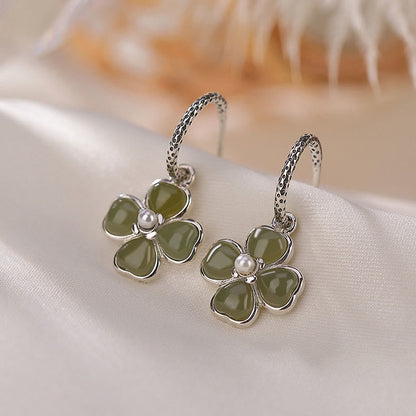 Mythstone 925 Sterling Silver Natural Cyan Jade Four Leaf Clover Luck Success Earrings