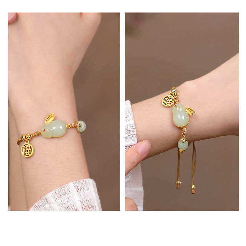 Mythstone Year of the Rabbit Hetian Jade Happiness Blessing Wealth String Bracelet