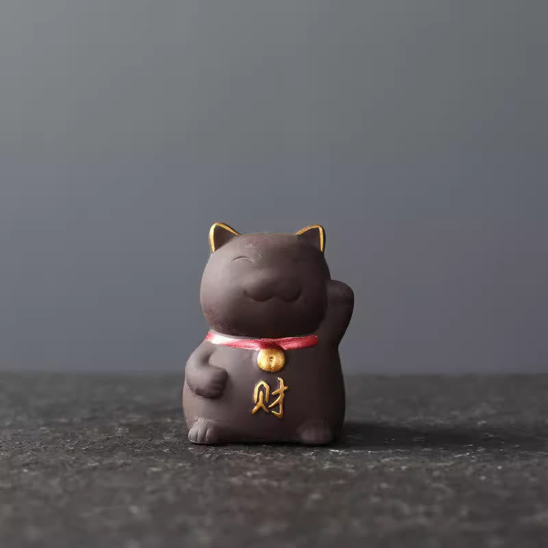 Mythstone Mini Lucky Cat Wealth Tea Pet Purple Clay Figurine Decoration