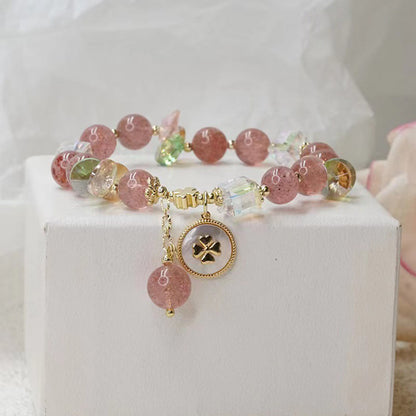 Mythstone Strawberry Quartz Lucky Four Leaf Clover Healing Charm Bracelet