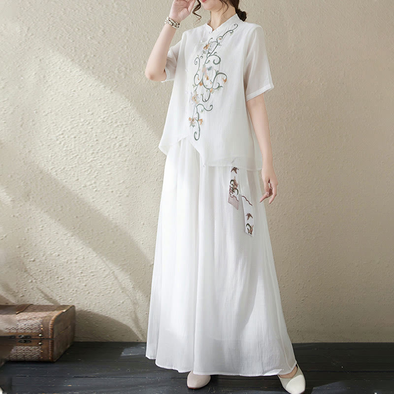 Mythstone 2Pcs Flower Embroidery Short Sleeve Tee T-shirt Wide Leg Pants Set