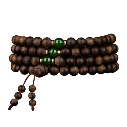 MythStone 108 Mala Beads Indonesia Tarakan Rare Agarwood Cyan Jade Ward Off Evil Spirits Bracelet