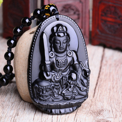 Mythstone Chinese Zodiac Obsidian Buddha Amulet Protection Pendant Necklace