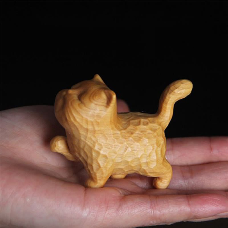 Mythstone Mini Thuja Sutchuenensis Boxwood Cute Cat Kitten Carved Prosperity Decoration