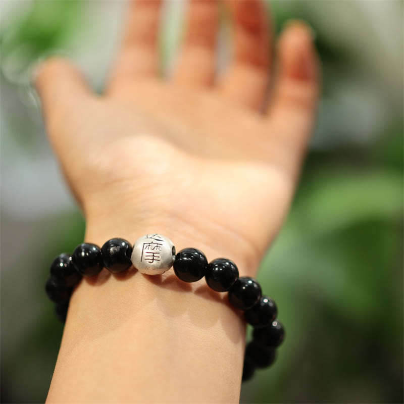 Mythstone 925 Sterling Silver Black Onyx Bead Character Engraved Protection Bracelet