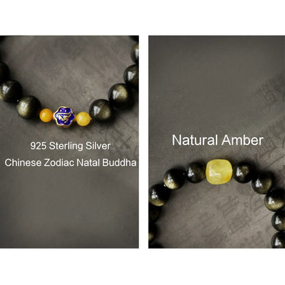 Mythstone 925 Sterling Silver Chinese Zodiac Natal Buddha Natural Gold Sheen Obsidian Amber Wealth Protection Bracelet