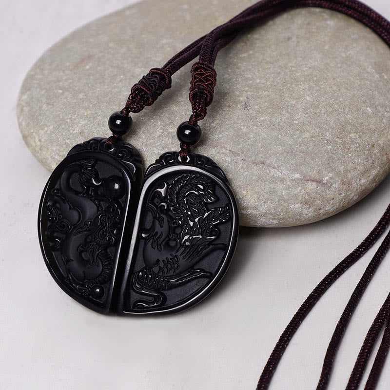 Mythstone Black Obsidian Love Dragon Phoenix Protection Necklace Pendant