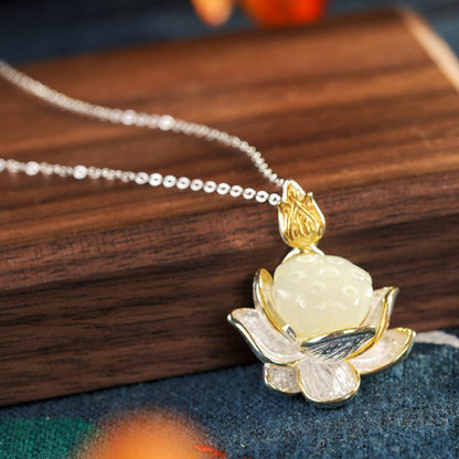 Mythstone White Jade Lotus Flower Happiness Necklace