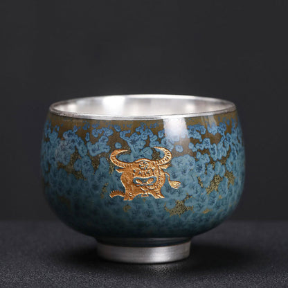 Mythstone 999 Gilt Silver Gilt Chinese Zodiac Ceramic Teacup Kung Fu Tea Cup 160ml