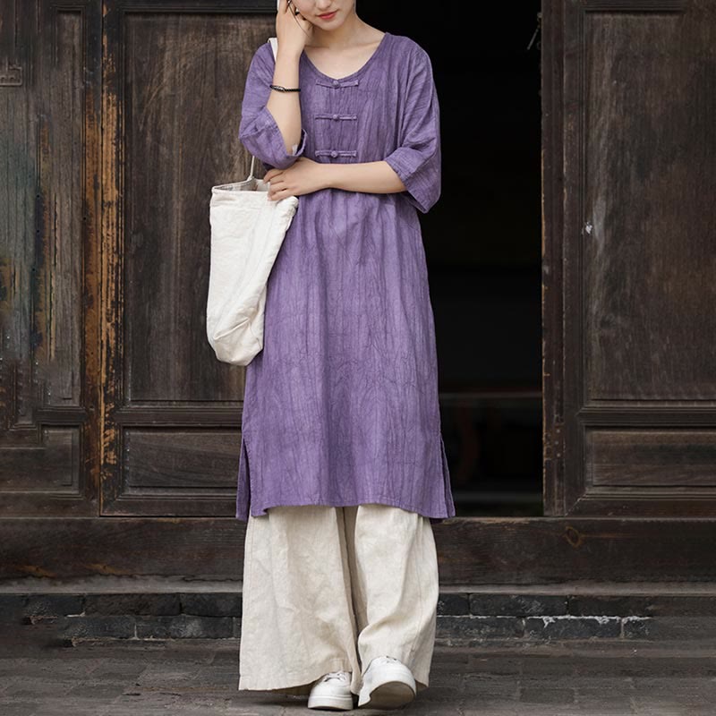 Mythstone Handmade Tie Dye Ramie Linen Frog-Button Midi Dress Wide Leg Pants With Pockets