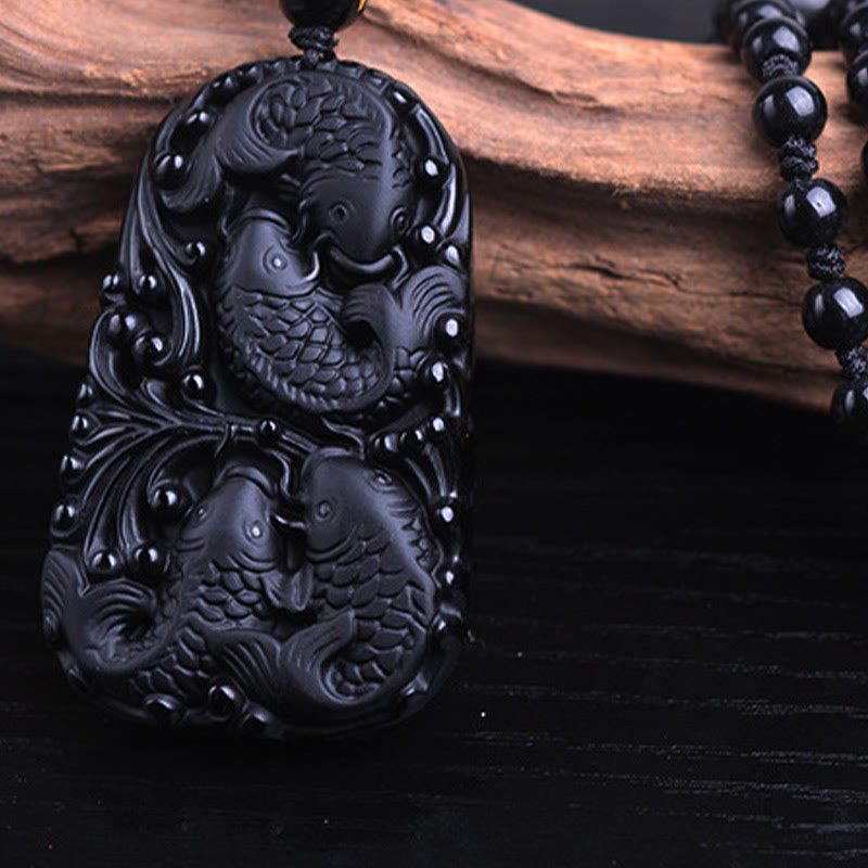 Mythstone Black Obsidian Koi Fish Engraved Strength Beaded Necklace Pendant