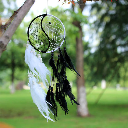 Mythstone Yin Yang  Dream Catcher Circular Net with Feathers Balance Decoration