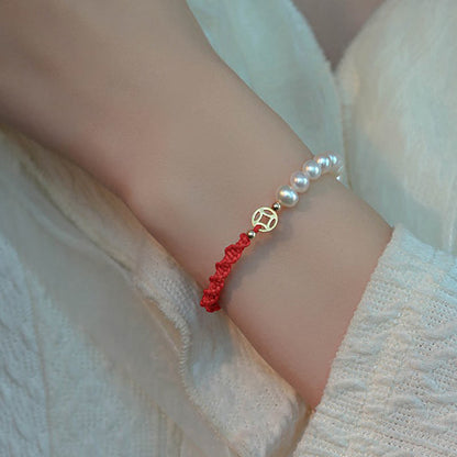 Mythstone 14K Gold Plated Pearl Bead Luck Protection Braid Red String Bracelet