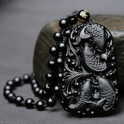 Mythstone Black Obsidian Koi Fish Engraved Strength Beaded Necklace Pendant