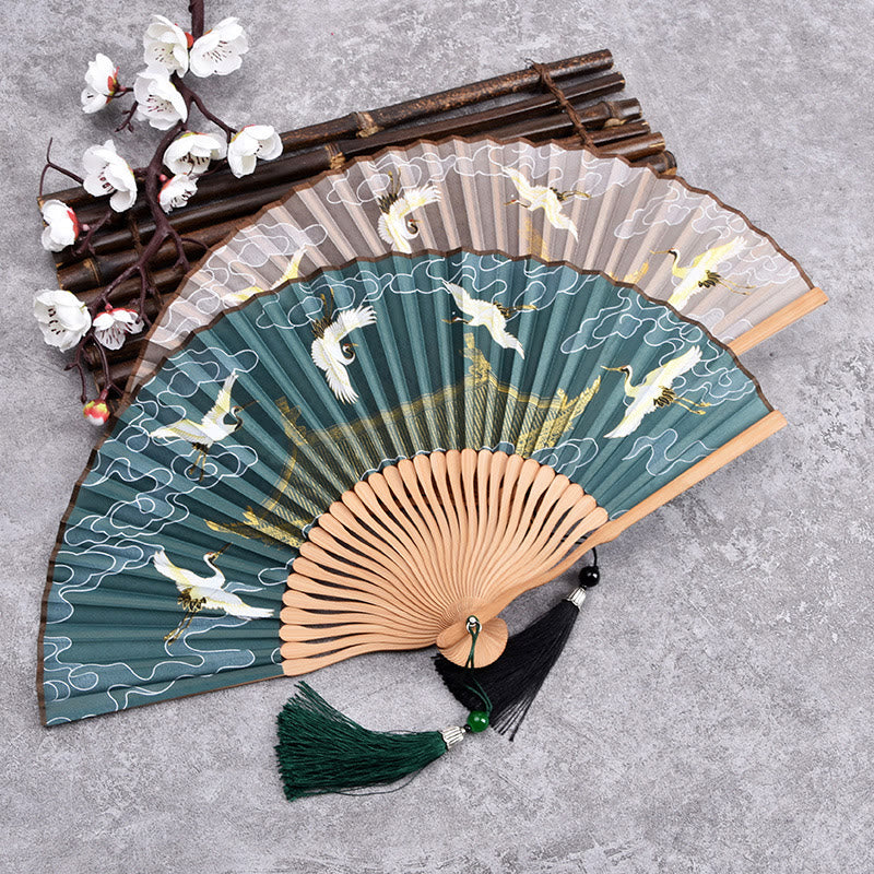 Mythstone Vintage Cloud Crane Pattern Handheld Bamboo Folding Fan