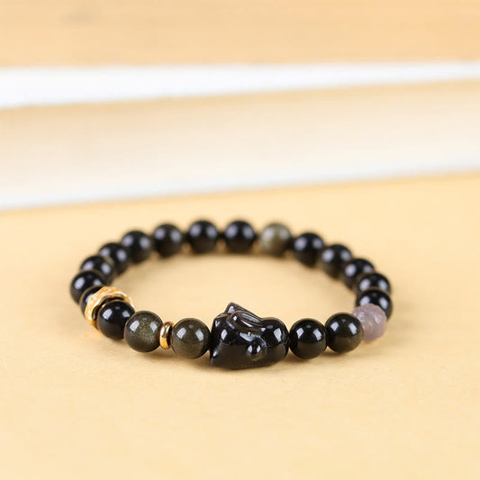 Mythstone Gold Sheen Obsidian Black Obsidian Silver Sheen Obsidian Cute Rabbit Protection Bracelet