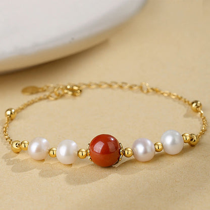 Mythstone 925 Sterling Silver Pearl Cinnabar Healing Bead Chain Bracelet