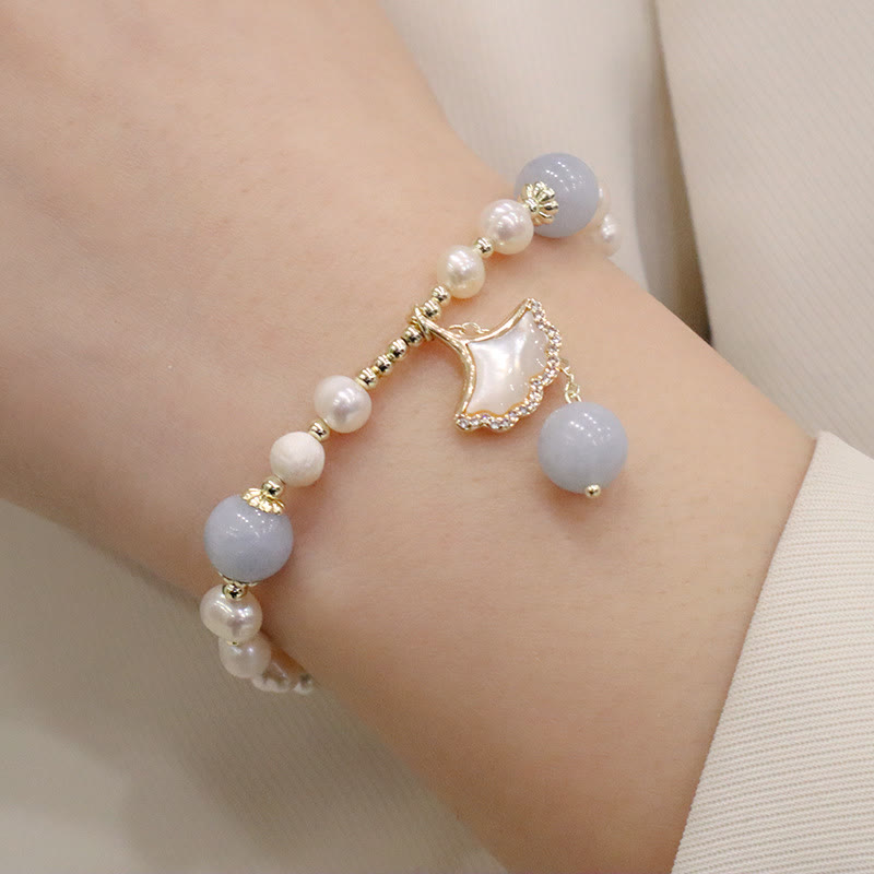 Mythstone Natural Aquamarine Pearl Healing Ginkgo Leaf Butterfly Charm Bracelet