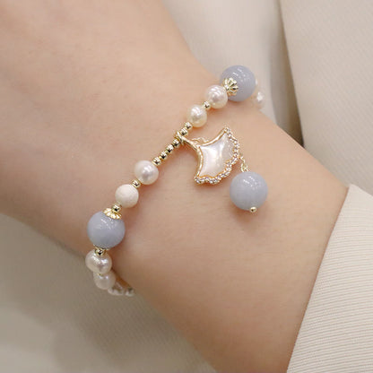 Mythstone Natural Aquamarine Pearl Healing Ginkgo Leaf Butterfly Charm Bracelet