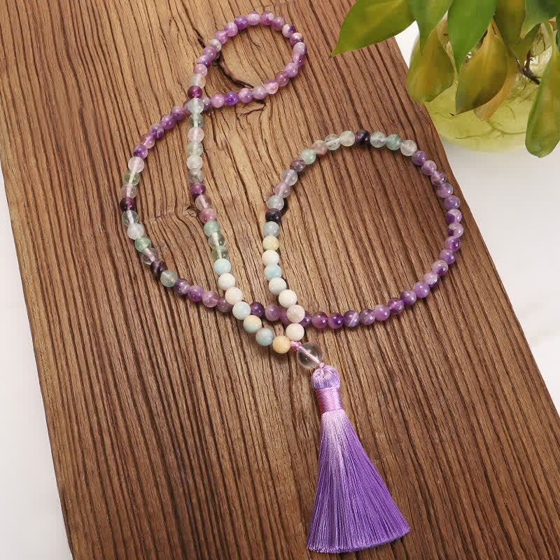 108 Mala Beads Amethyst Fluorite Amazonite Spiritual Positive Tassel Bracelet