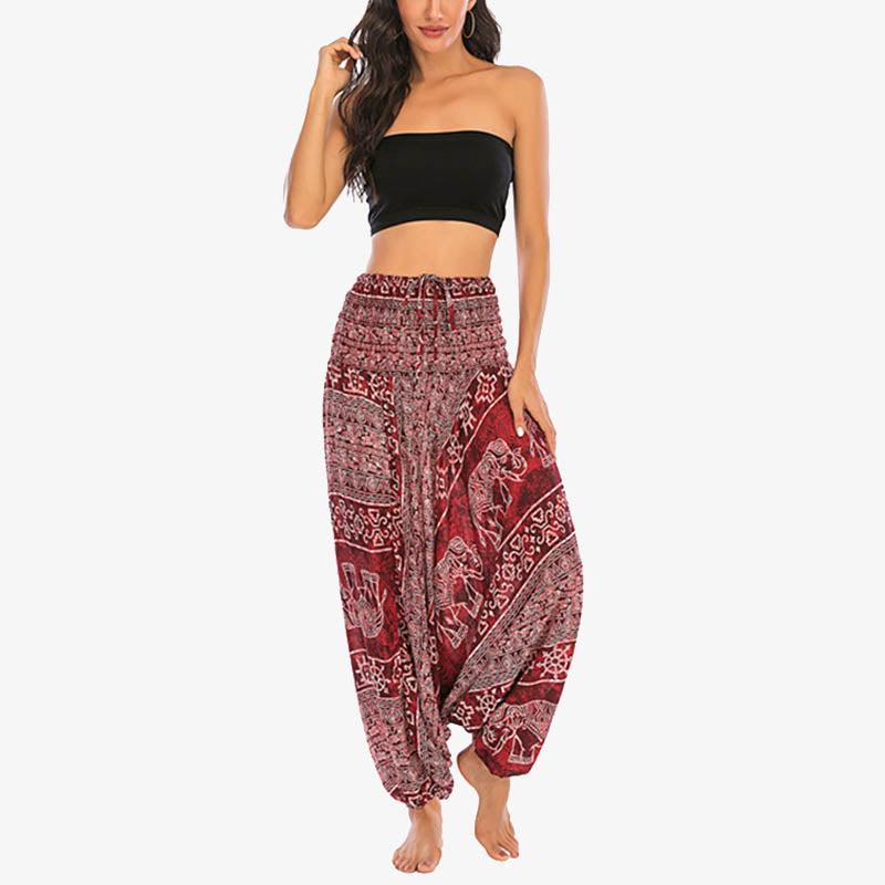 Mythstone Two Style Wear Elephant Pattern Loose Smocked Harem Trousers Jumpsuit Women's Yoga Pants