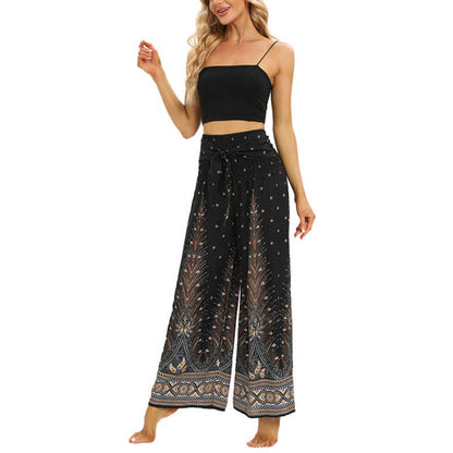 Mythstone Boho Peacock Feathers Lace-up Wide Leg Pants Women's Yoga Pants