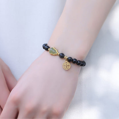 MythStone Natural Black Obsidian Hetian Jade Gourd Double Happiness Strength Bracelet