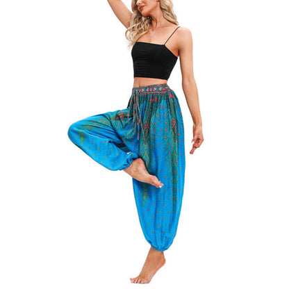 Mythstone Peacock Feather Pattern Loose Harem Trousers Women's Yoga Pants