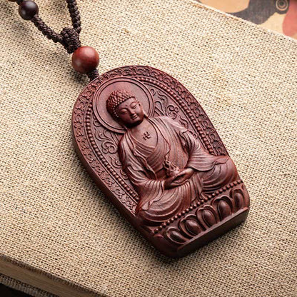 Mythstone Chinese Zodiac Natal Buddha Small Leaf Red Sandalwood Lotus Protection Necklace Pendant