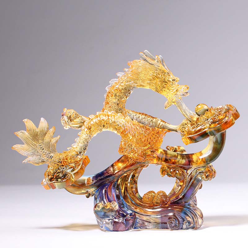 Mythstone Year of the Dragon Handmade Ruyi Handle Liuli Crystal Art Piece Protection Home Office Decoration