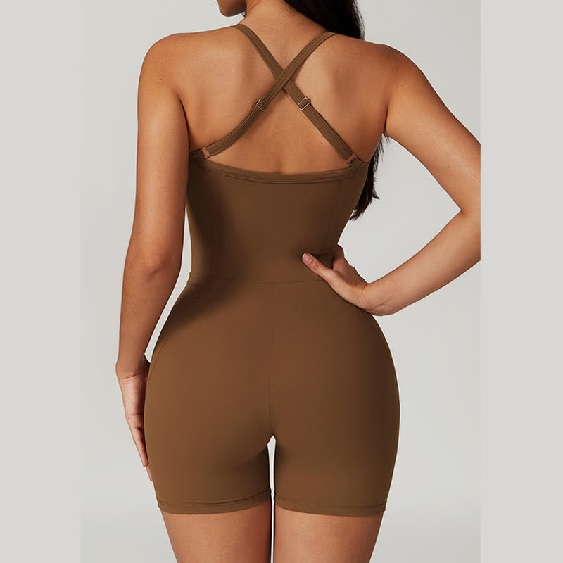 Mythstone Backless Criss-Cross Strap Jumpsuit Romper Sports Fitness Yoga Women Bodysuit With Pockets