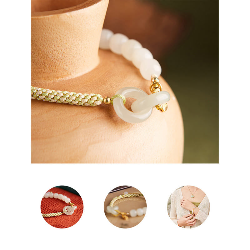 Pulsera trenzada con doble hebilla de paz y carácter Fu con cuentas de jade hetiano natural Mythstone